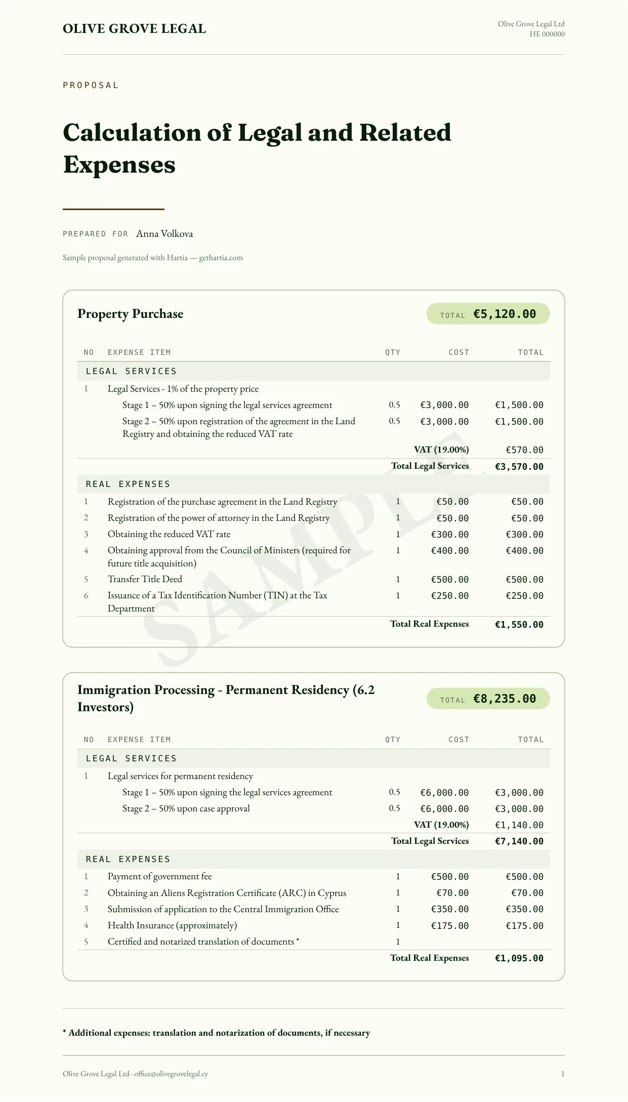 Olive Grove Legal branded legal proposal made with Hartia