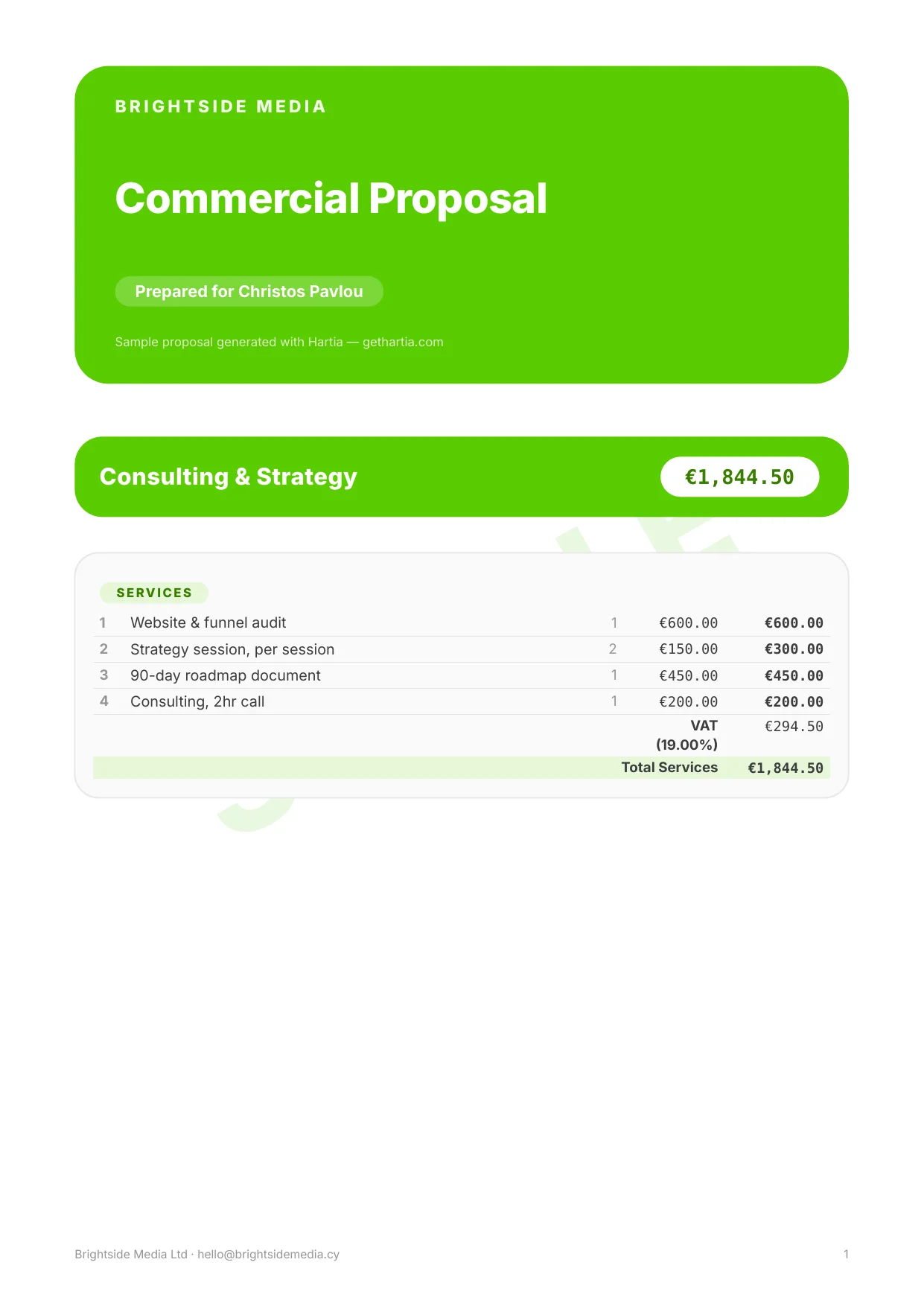 Brightside Media branded proposal made with Hartia