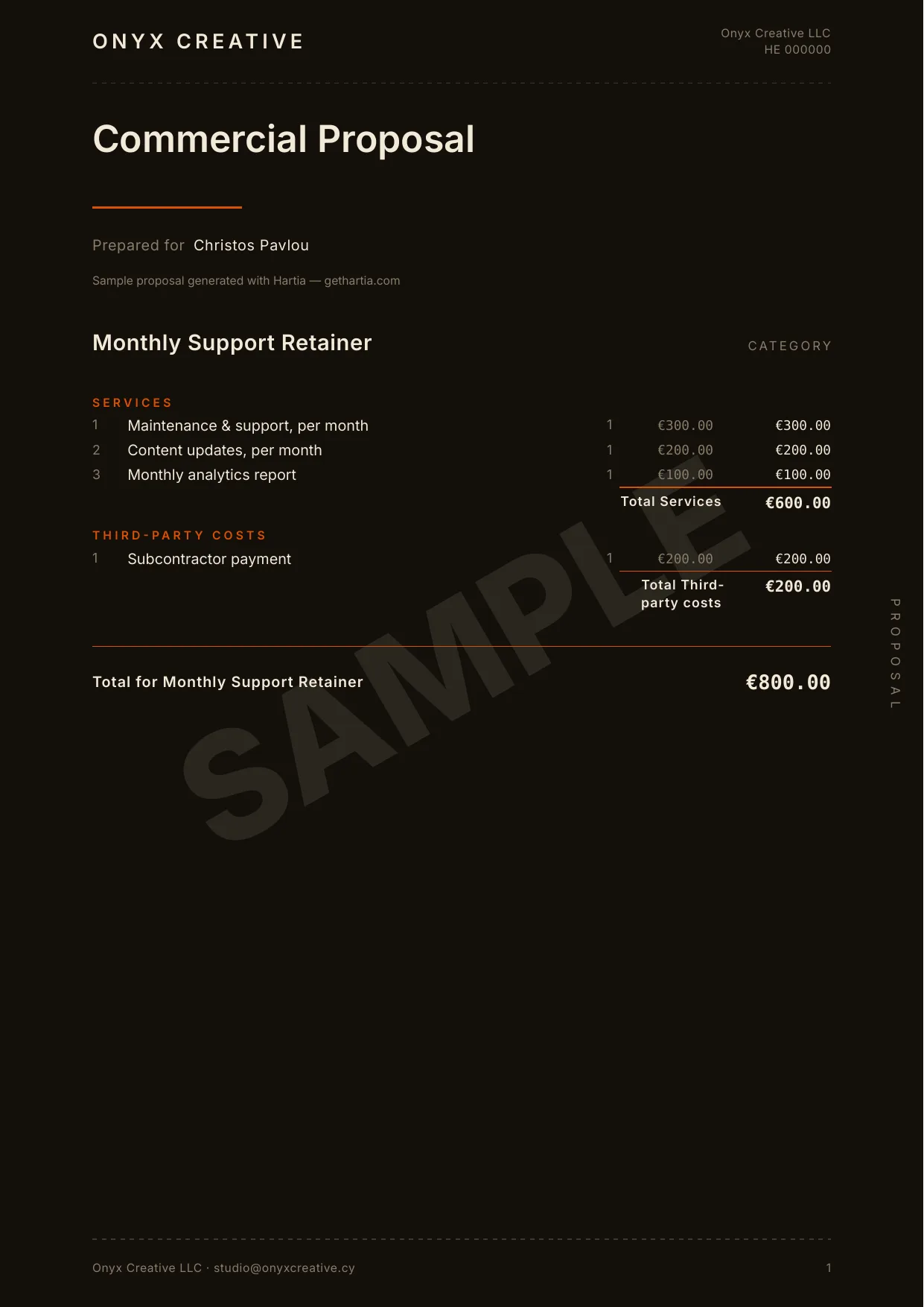 Onyx Creative branded proposal made with Hartia